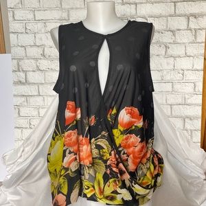Black Sleeveless Top Polka dot w/ Roses Size Large